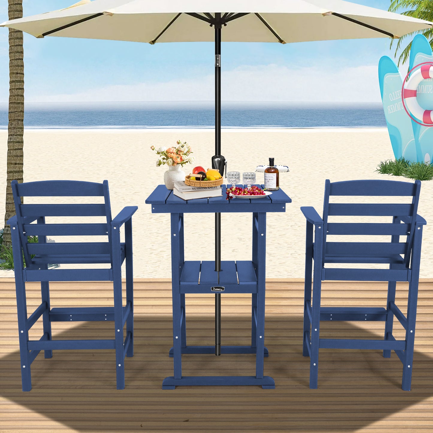 Outdoor Bar Set with Umbrella Holes, All Weather Tall Adirondack Chairs and Table