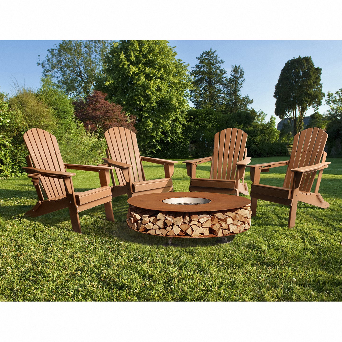 FUNBERRY Folding Adirondack Chair, Fire Pit Chairs Weather Resistant with Cup Holder, Brown
