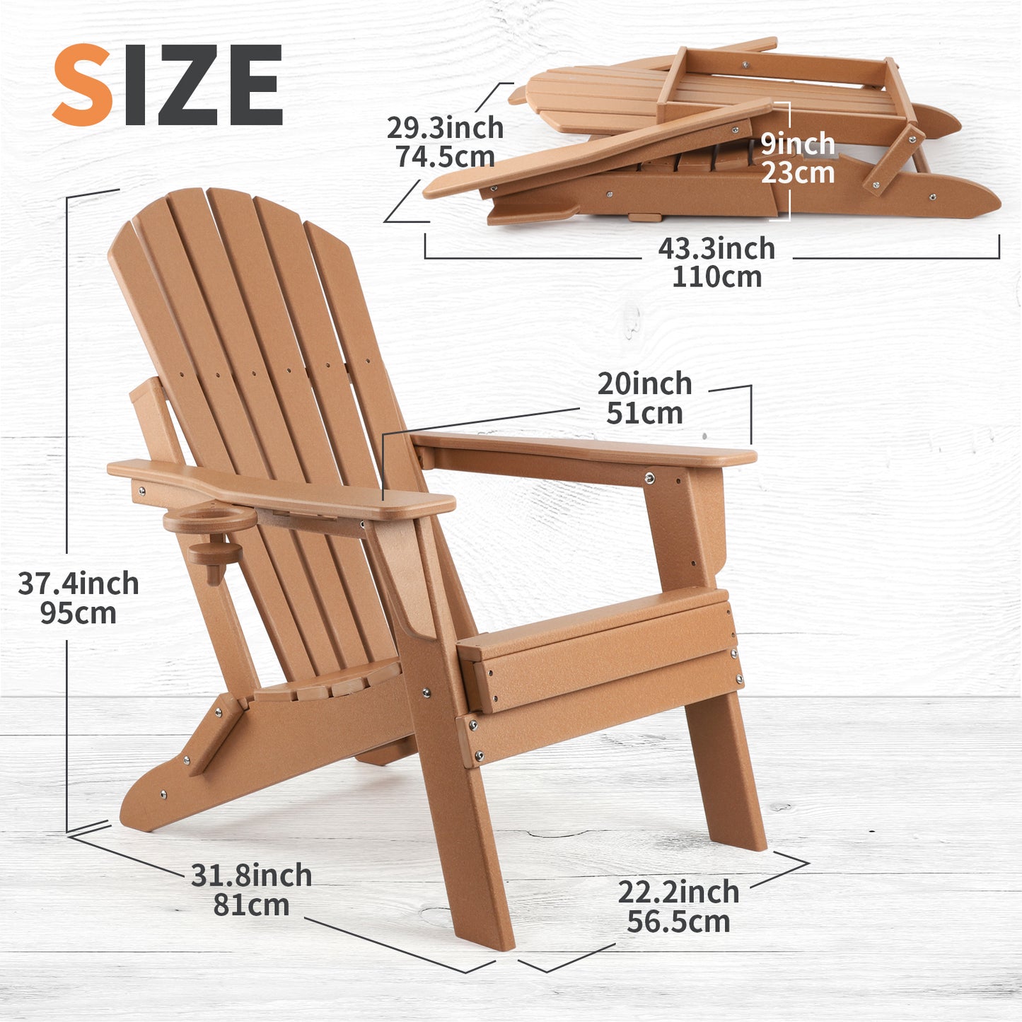FUNBERRY Folding Adirondack Chair, Fire Pit Chairs Weather Resistant with Cup Holder, Brown