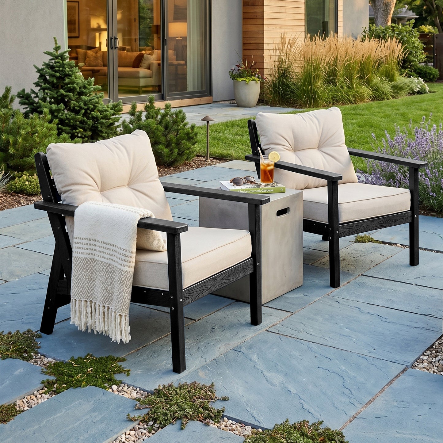 2 Seat HDPE Patio Conversation Set with Coffee Table, Outdoor Chairs Set