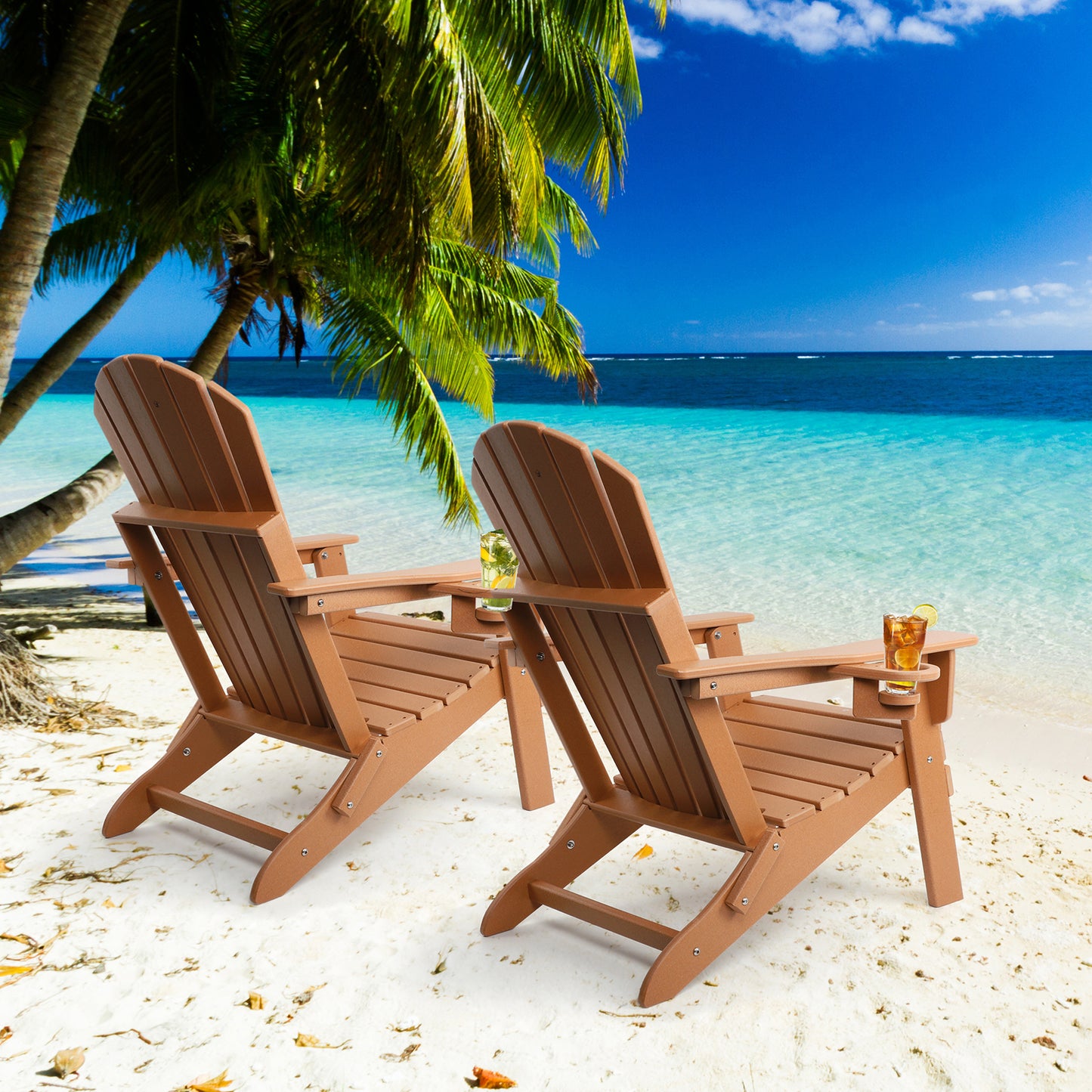 FUNBERRY Folding Adirondack Chair, Fire Pit Chairs Weather Resistant with Cup Holder, Brown