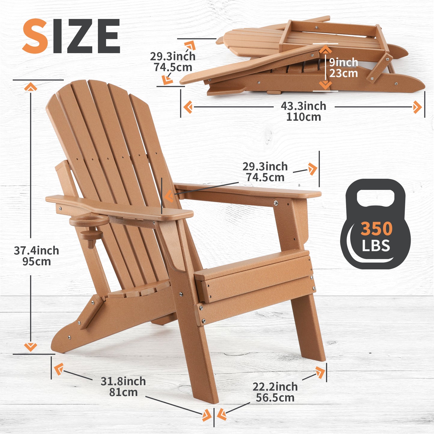 FUNBERRY Folding Adirondack Chair, Fire Pit Chairs Weather Resistant with Cup Holder, Brown