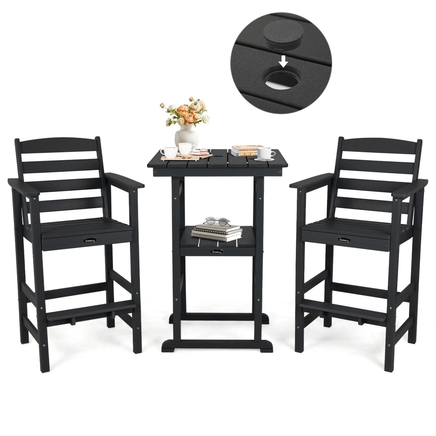 Outdoor Bar Set with Umbrella Holes, All Weather Tall Adirondack Chairs and Table
