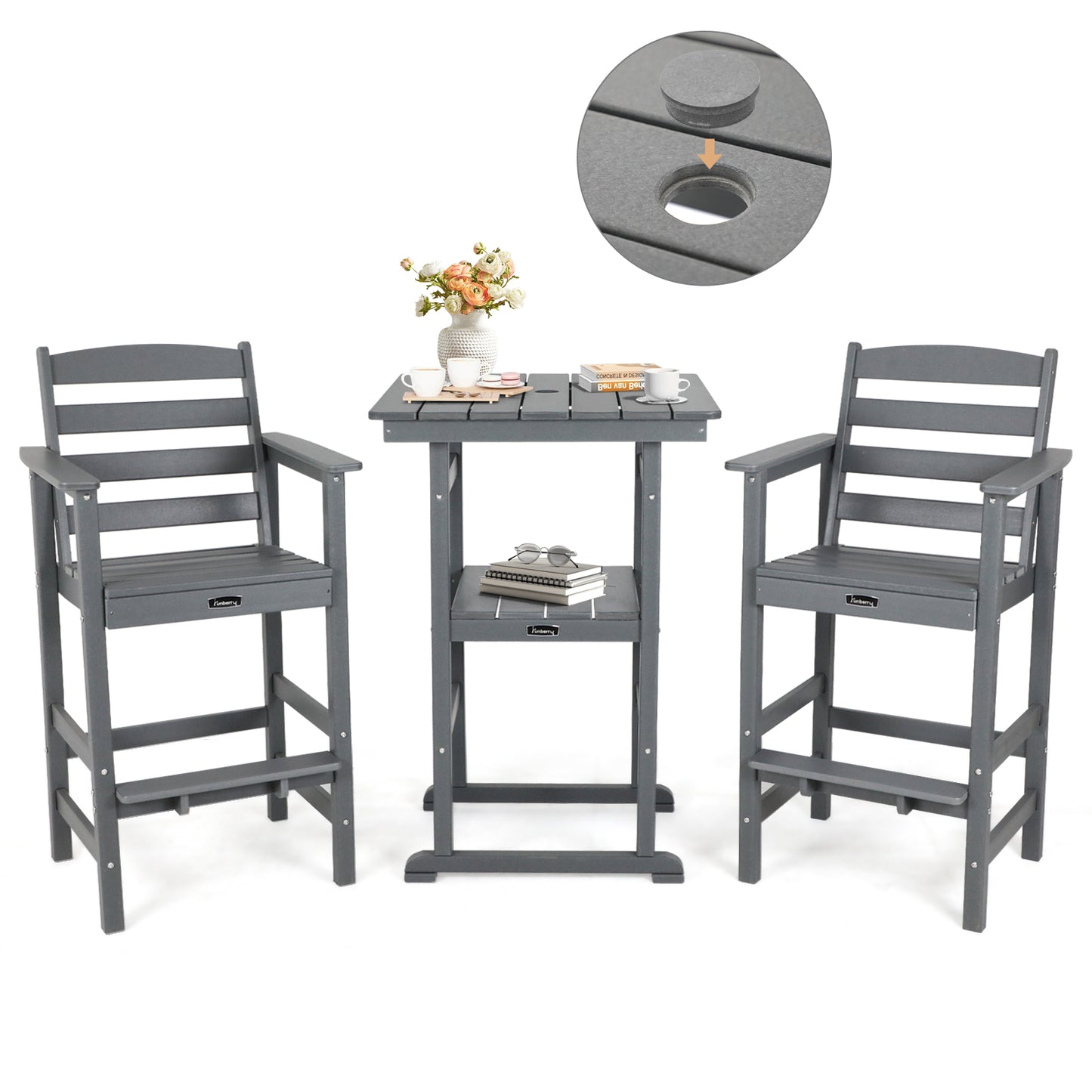 Outdoor Bar Set with Umbrella Holes, All Weather Tall Adirondack Chairs and Table