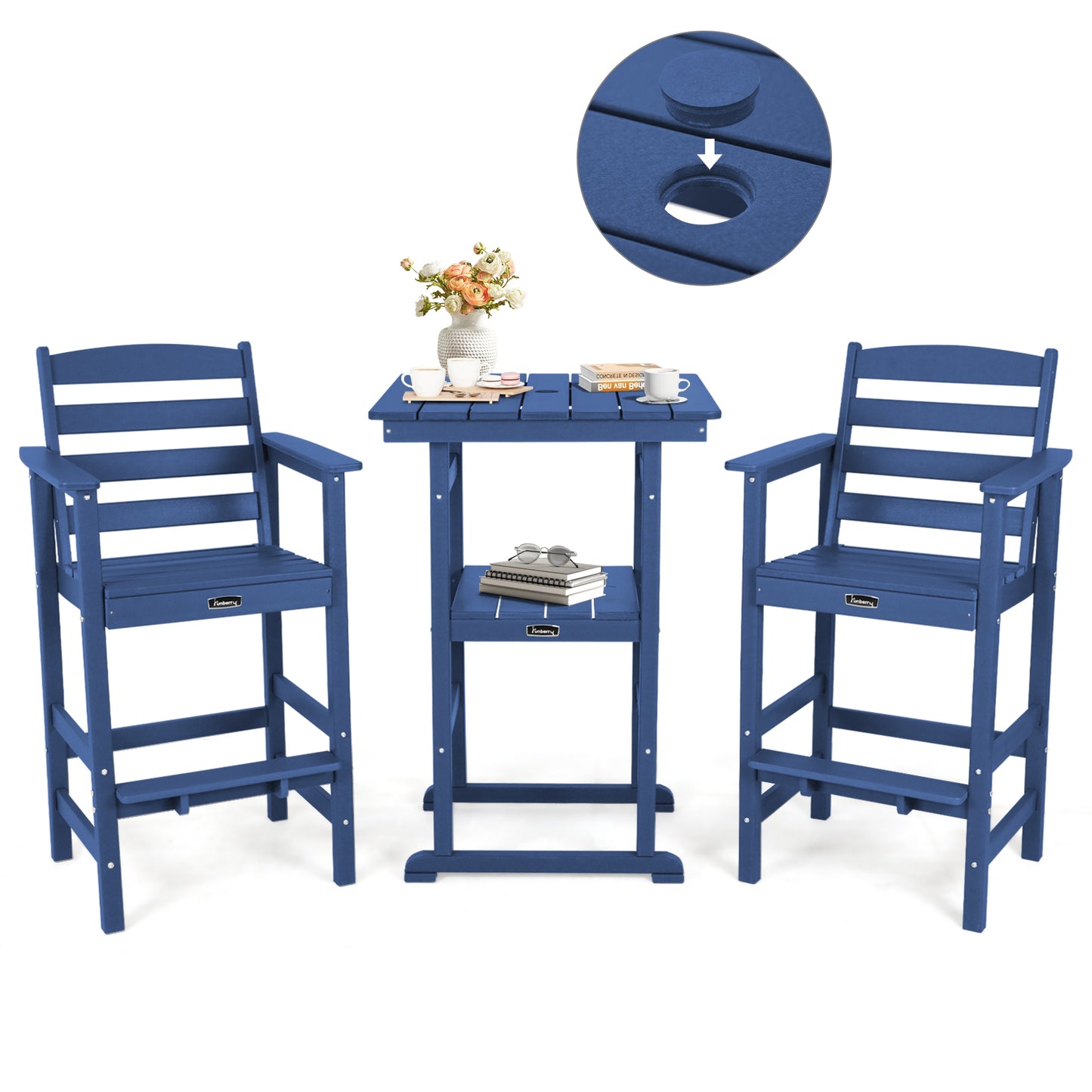 Outdoor Bar Set with Umbrella Holes, All Weather Tall Adirondack Chairs and Table