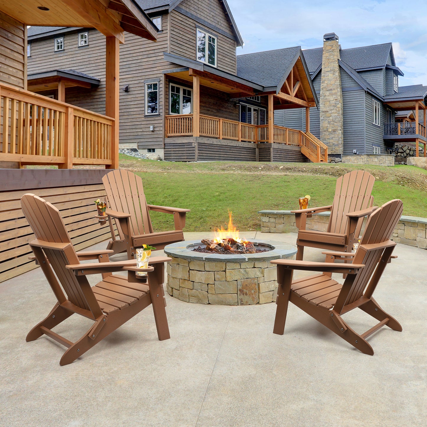 FUNBERRY Folding Adirondack Chair, Fire Pit Chairs Weather Resistant with Cup Holder, Brown