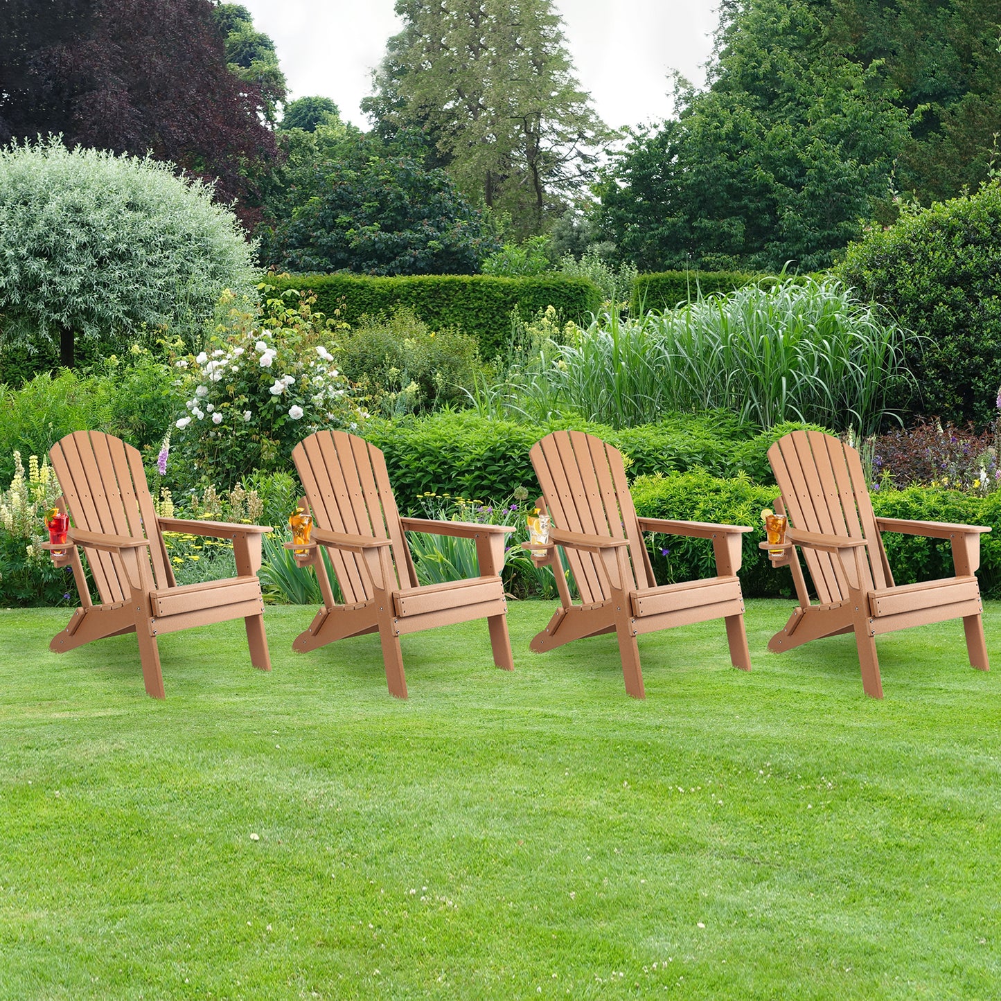 FUNBERRY Folding Adirondack Chair, Fire Pit Chairs Weather Resistant with Cup Holder, Brown