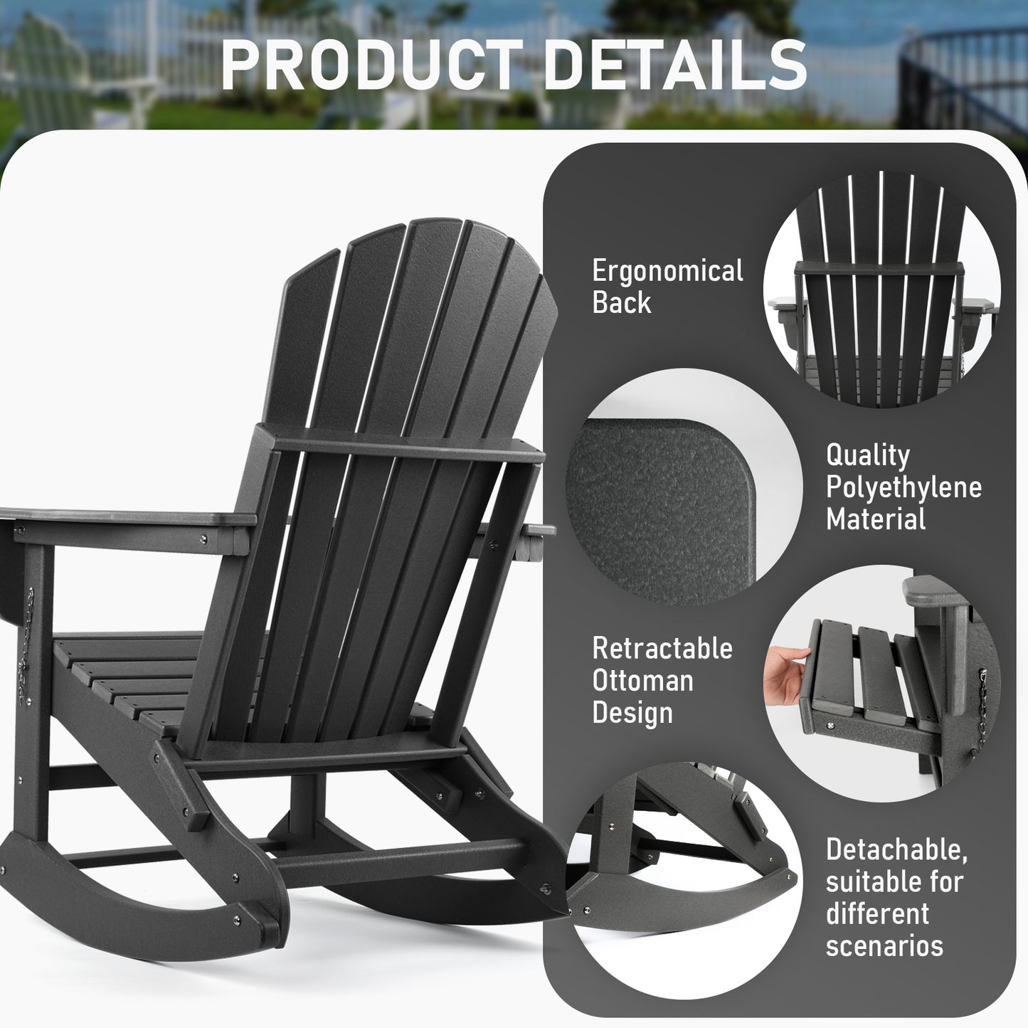 Patio Rocking Chair, All Weather Rocking Adirondack Chair with Ottoman