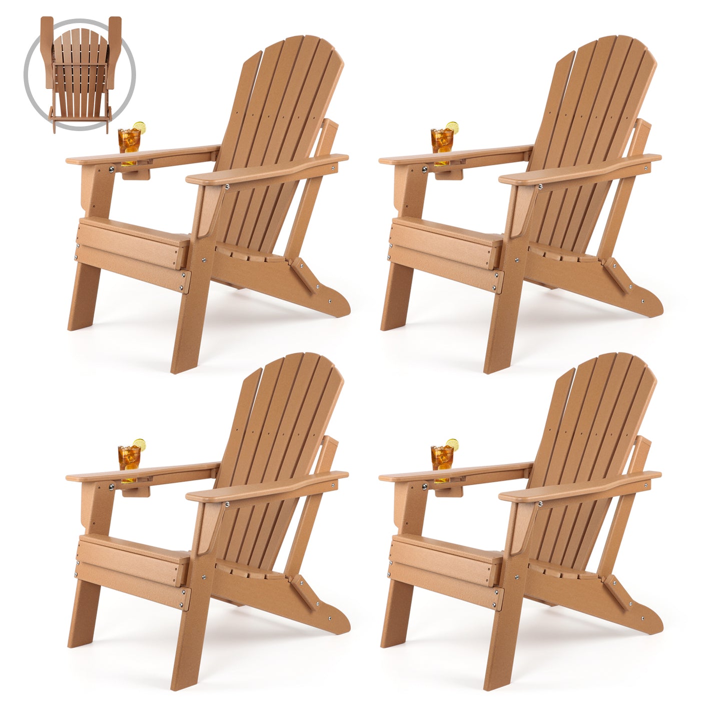 FUNBERRY Folding Adirondack Chair, Fire Pit Chairs Weather Resistant with Cup Holder, Brown