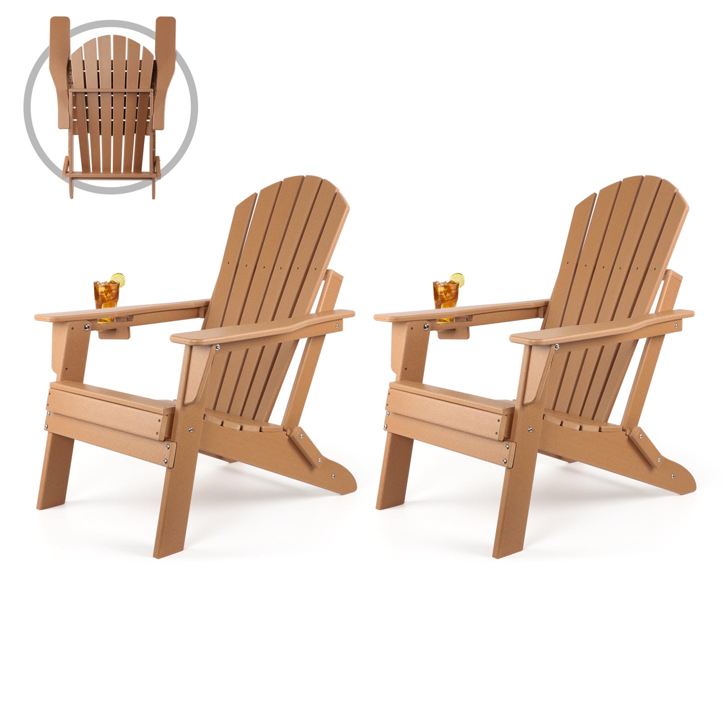 FUNBERRY Folding Adirondack Chair, Fire Pit Chairs Weather Resistant with Cup Holder, Brown