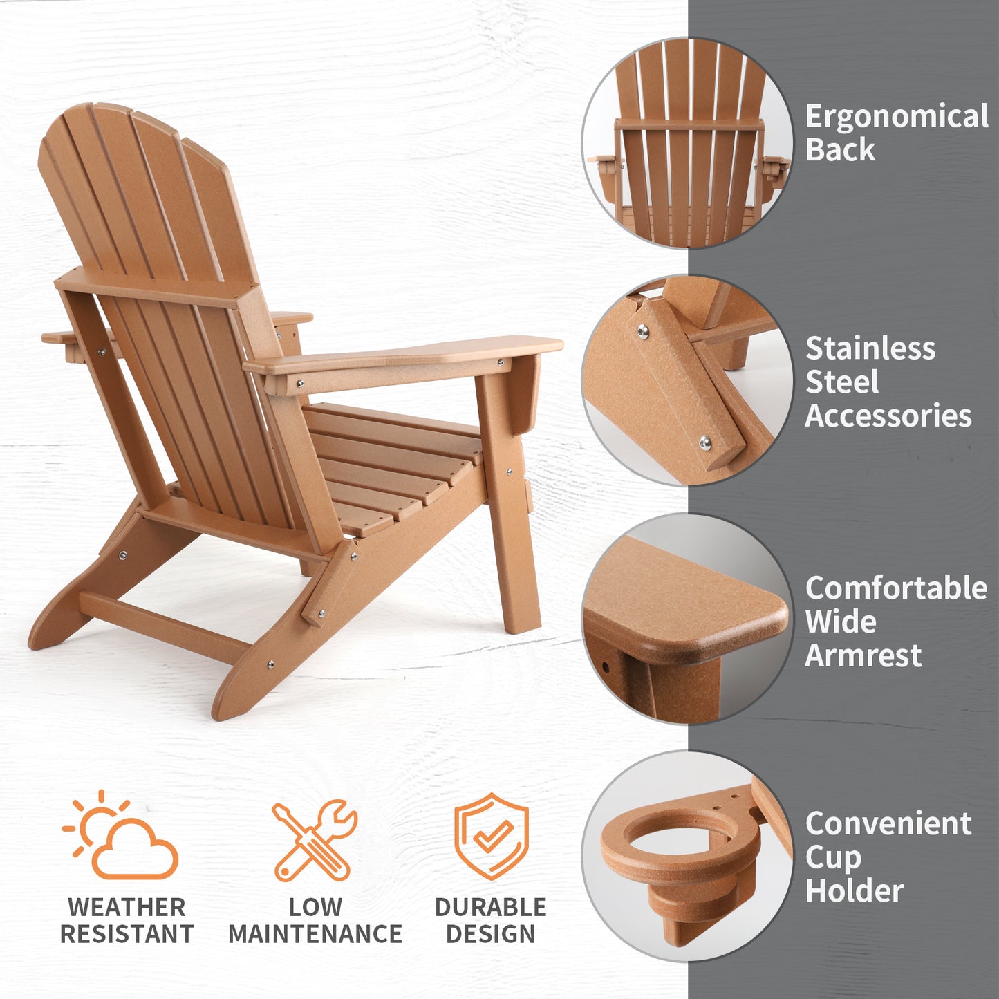FUNBERRY Folding Adirondack Chair, Fire Pit Chairs Weather Resistant with Cup Holder, Brown