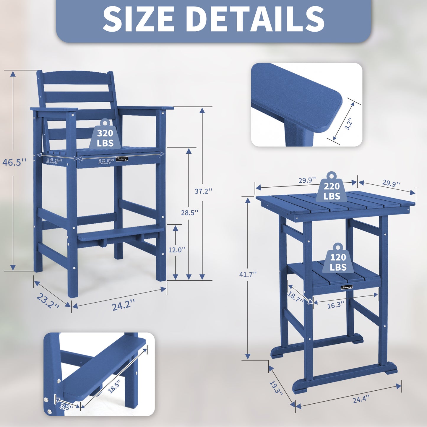 Outdoor Bar Set with Umbrella Holes, All Weather Tall Adirondack Chairs and Table