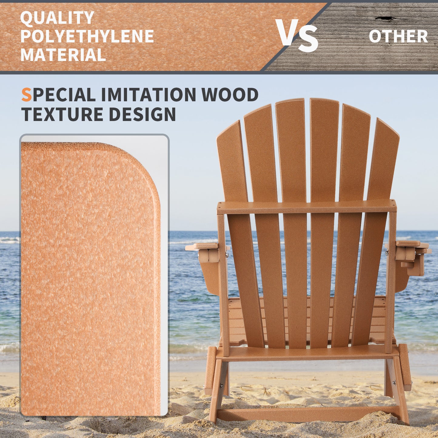FUNBERRY Folding Adirondack Chair, Fire Pit Chairs Weather Resistant with Cup Holder, Brown