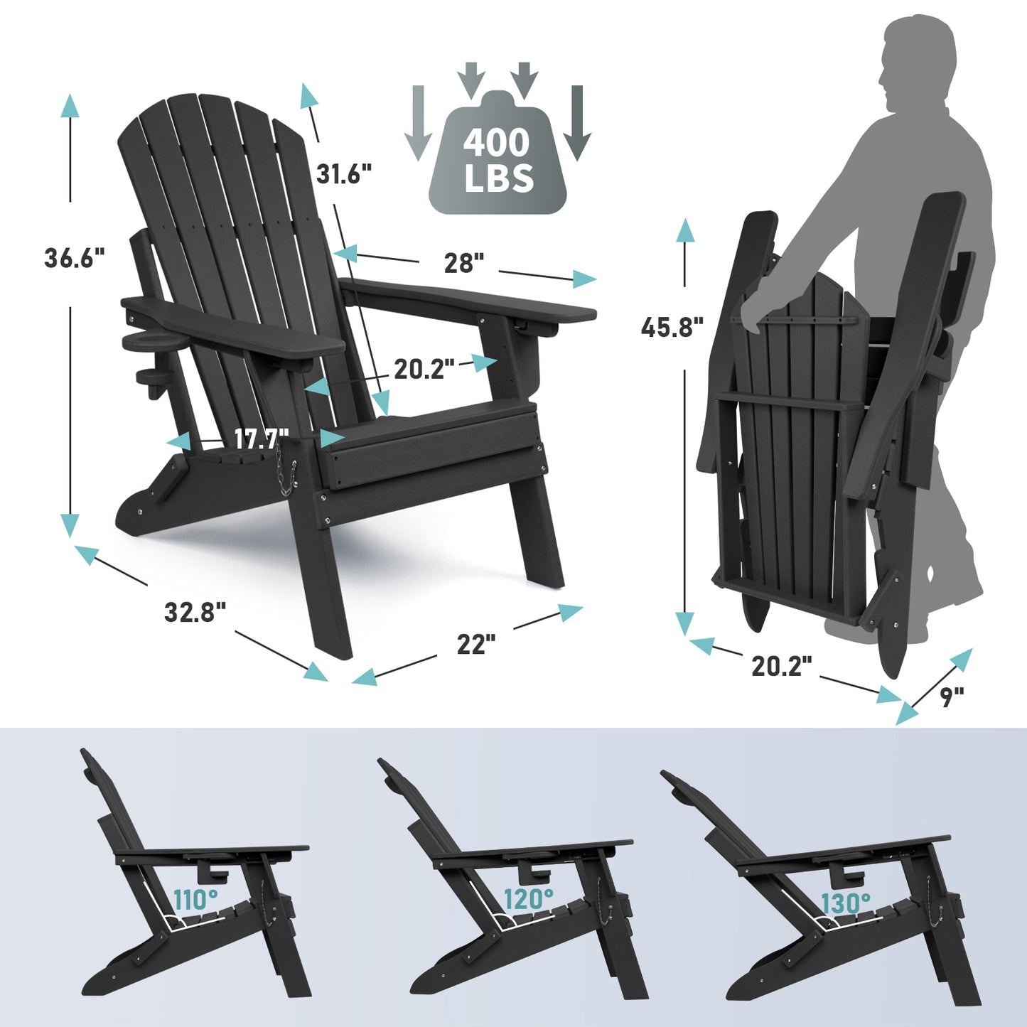 Folding Adirondack Chairs 4 Pack with Adjustable Backrest, Fire Pit Chairs with Cup Holder