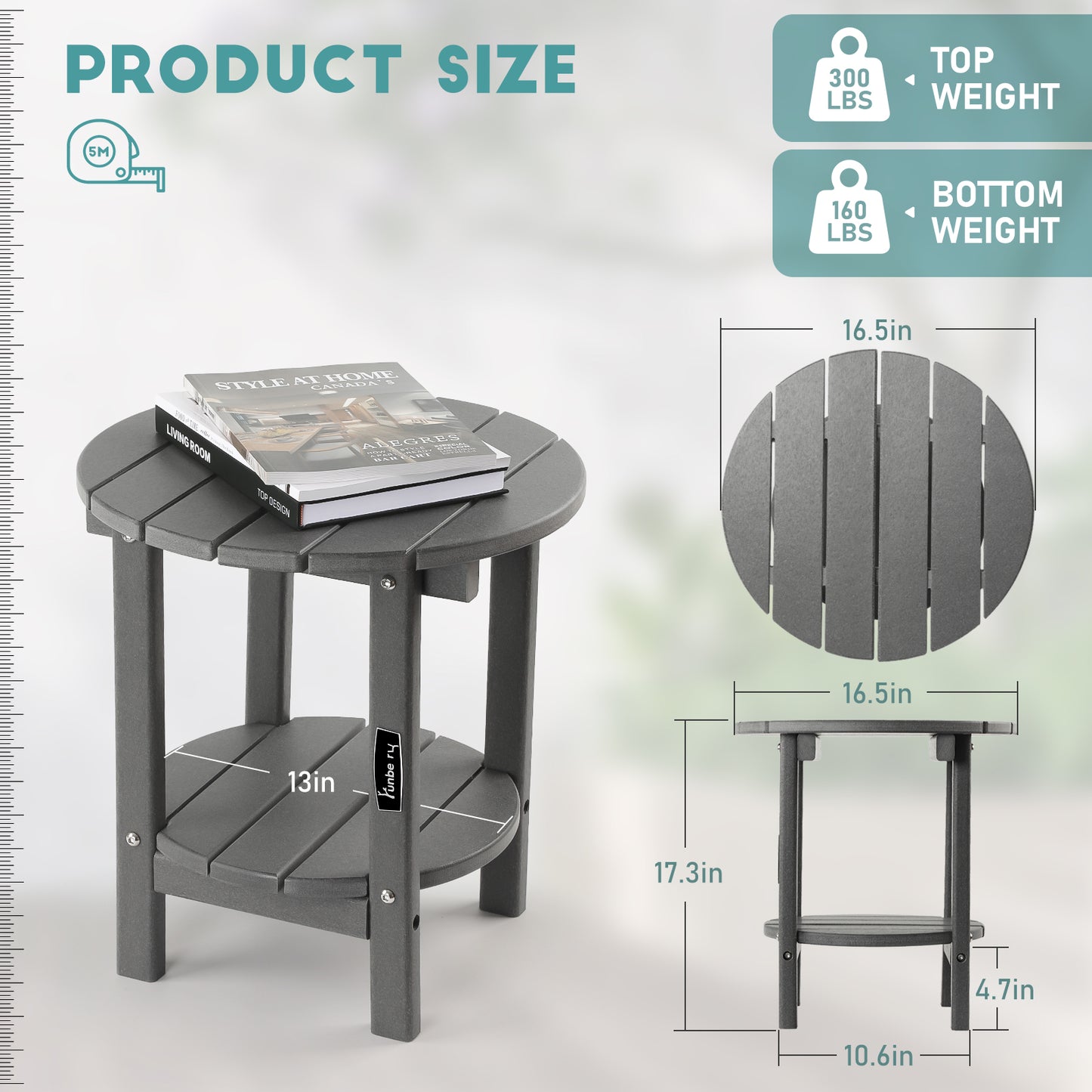 Outdoor Side Table, 2-Tier Round Patio Side Table, Outdoor End Table, Adirondack Side Table