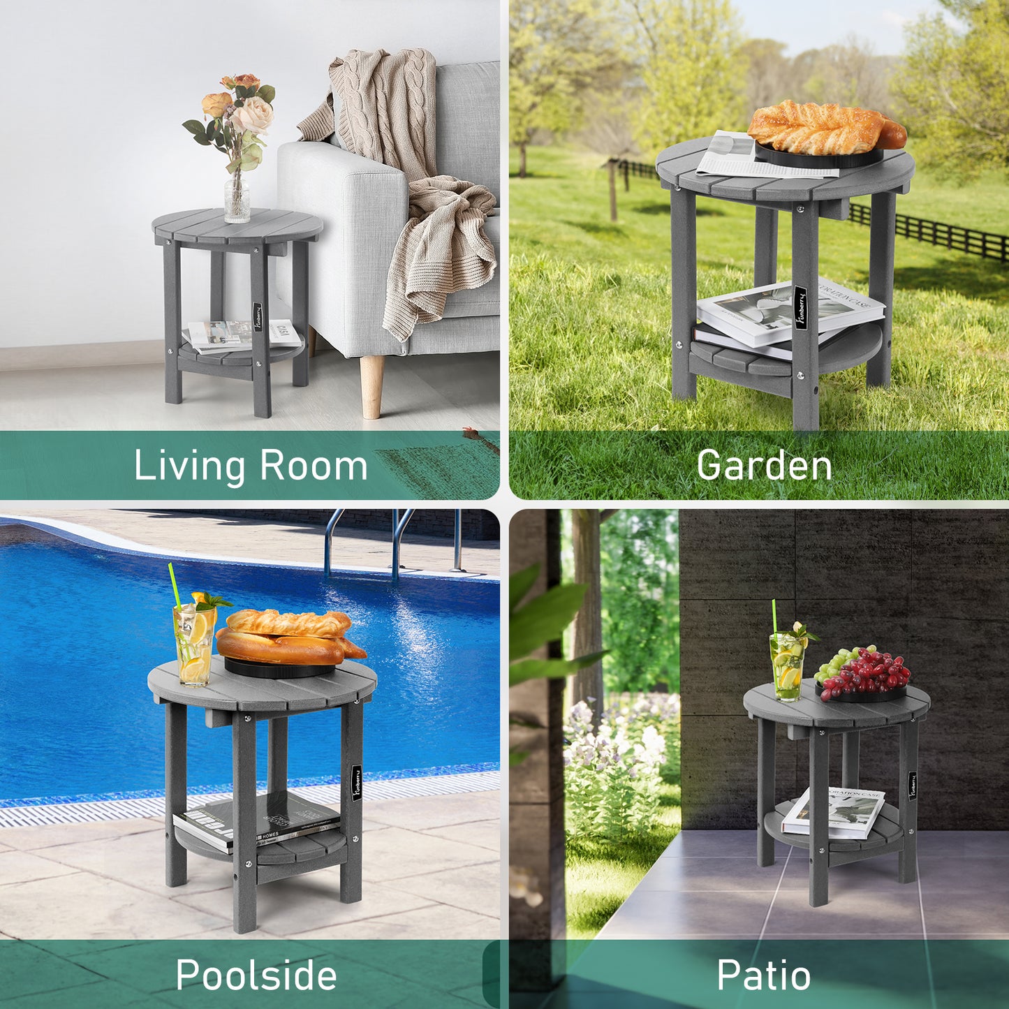 Outdoor Side Table, 2-Tier Round Patio Side Table, Outdoor End Table, Adirondack Side Table