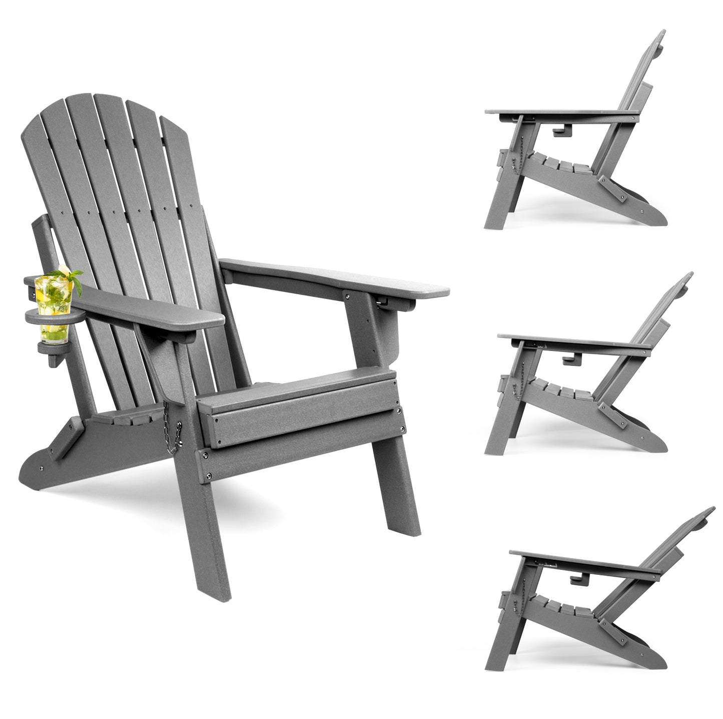 Folding Adirondack Chairs with Adjustable Backrest, Fire Pit Chairs with Cup Holder