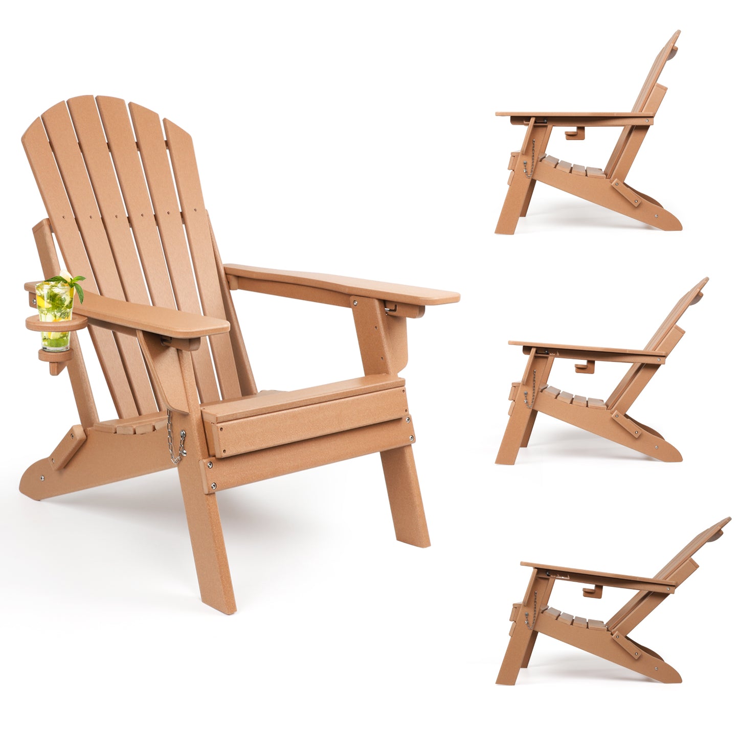 Folding Adirondack Chairs with Adjustable Backrest, Fire Pit Chairs with Cup Holder