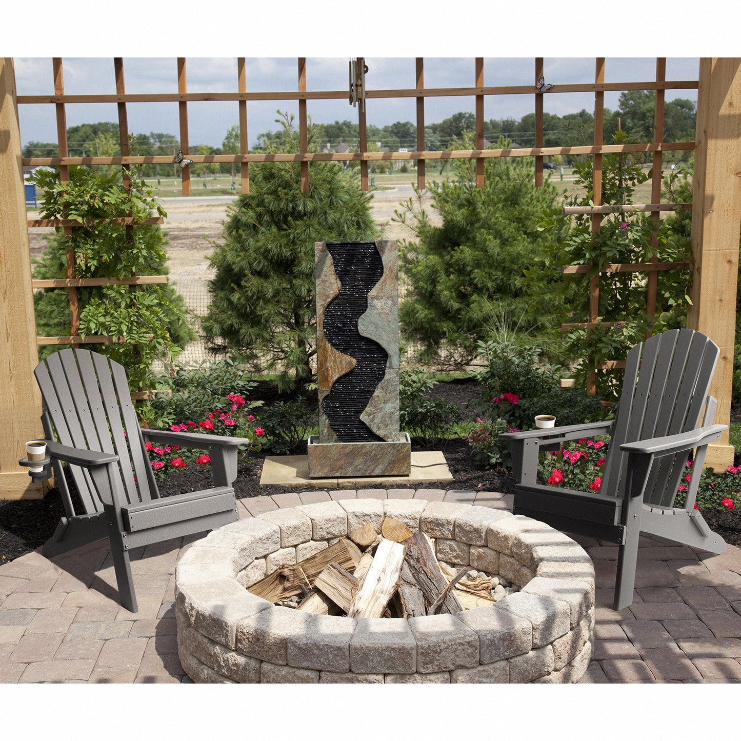 FUNBERRY Folding Adirondack Chair, Fire Pit Chairs Weather Resistant with Cup Holder, Grey