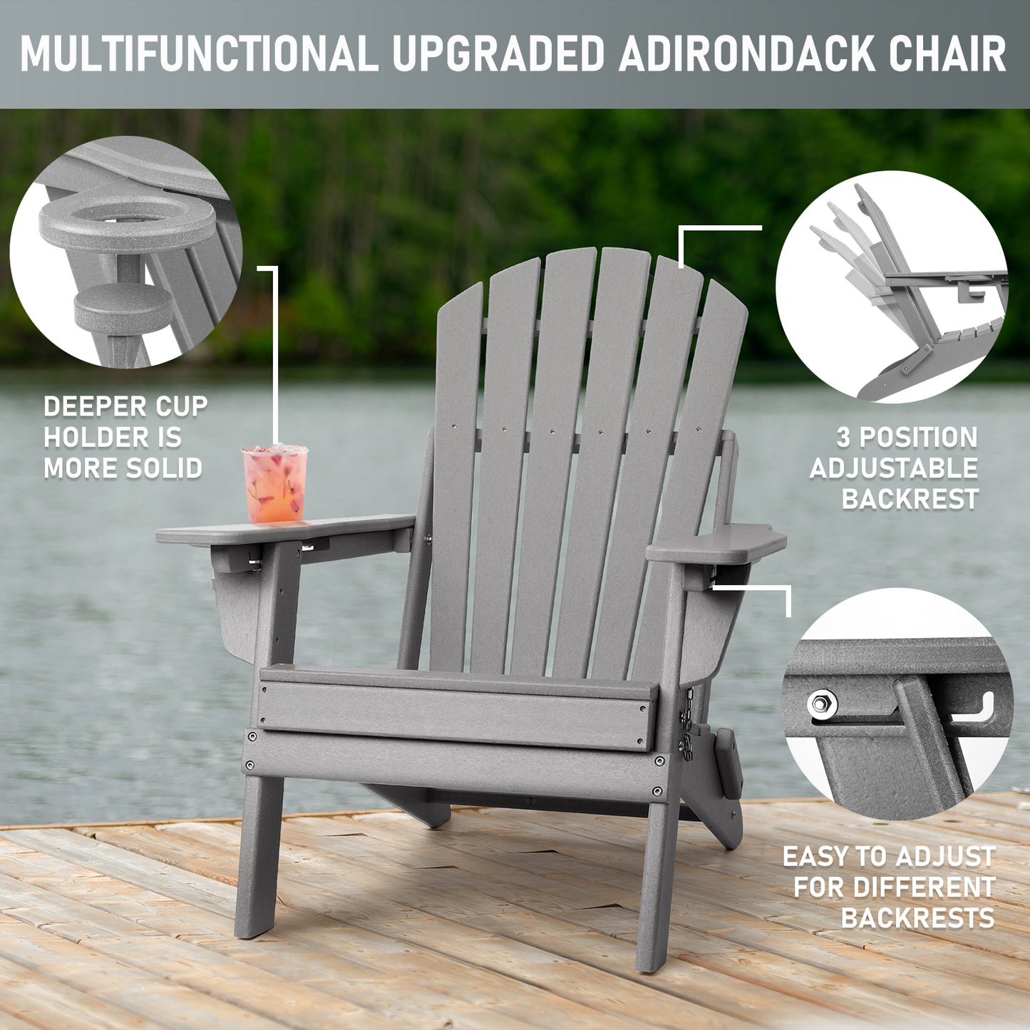 Folding Adirondack Chairs 4 Pack with Adjustable Backrest, Fire Pit Chairs with Cup Holder