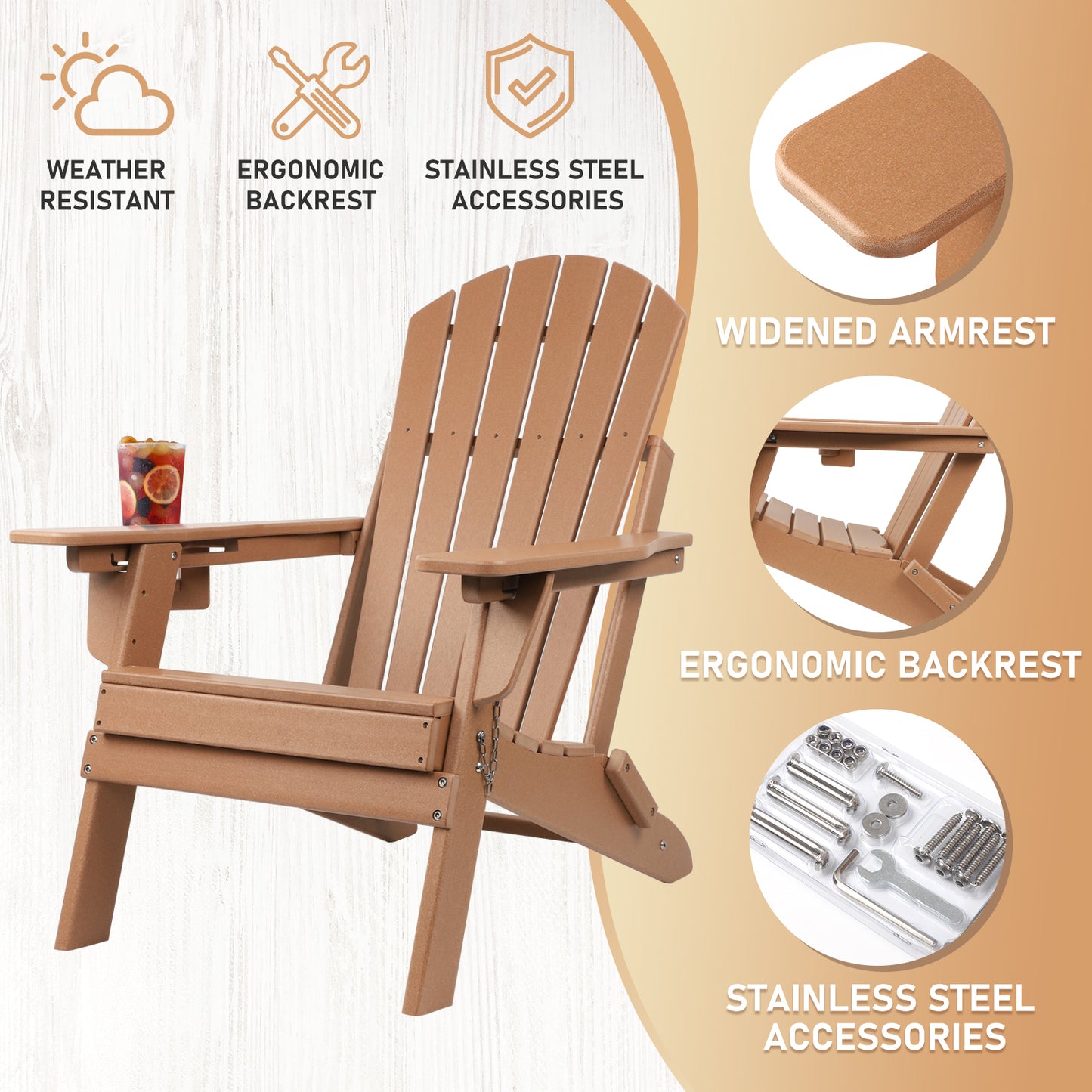 Folding Adirondack Chairs 4 Pack with Adjustable Backrest, Fire Pit Chairs with Cup Holder