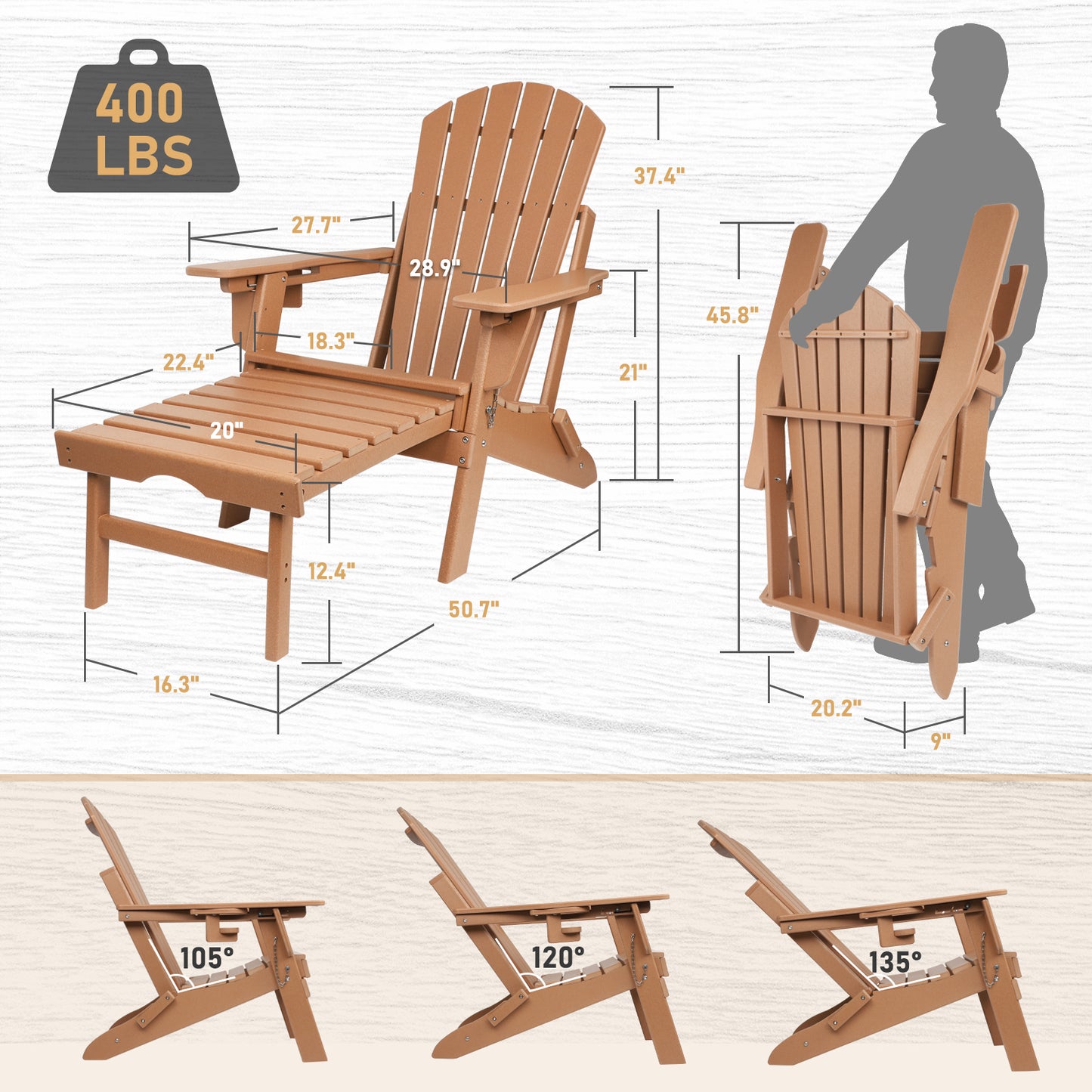 Adjustable Folding Adirondack Chairs Set of 4 with Ottoman, All Weather Fire Pit Chairs