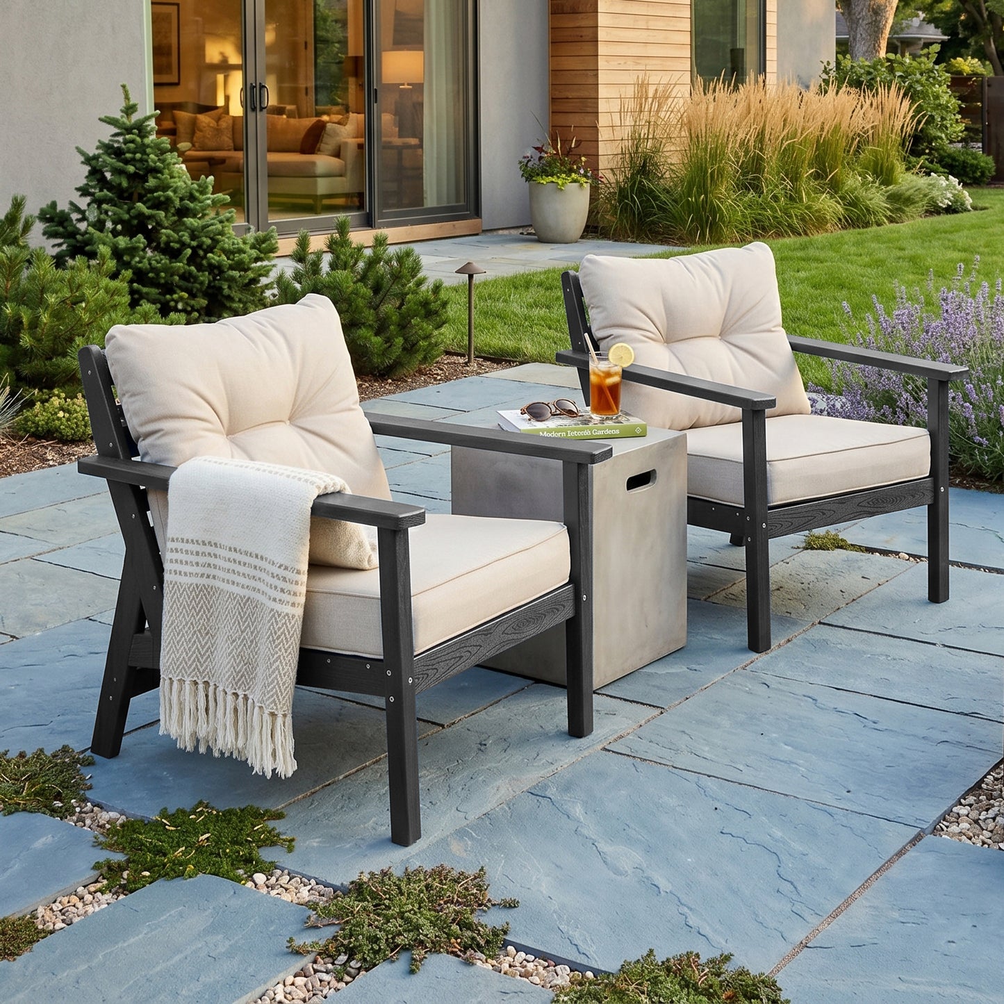 2 Seat HDPE Patio Conversation Set with Coffee Table, Outdoor Chairs Set