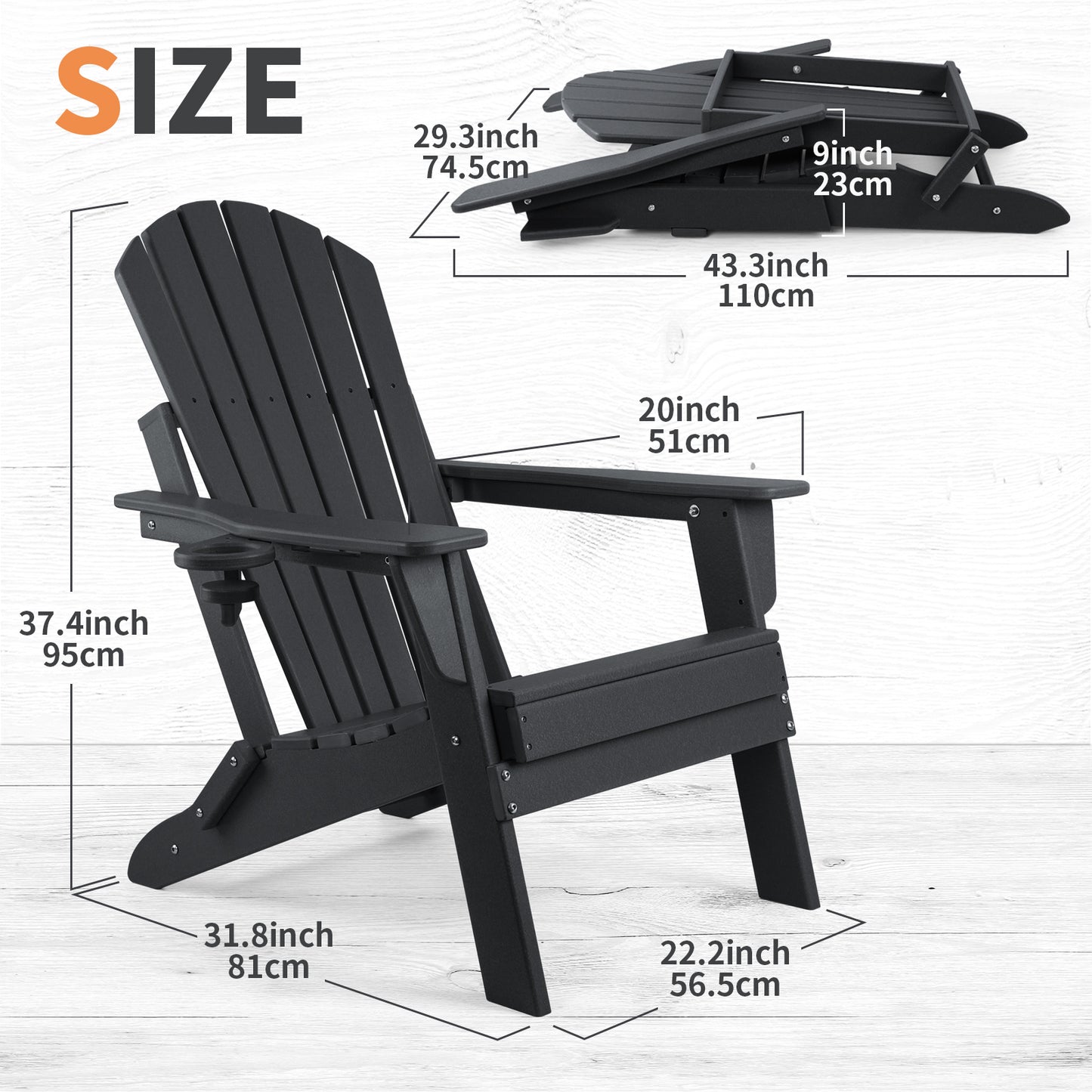 FUNBERRY Folding Adirondack Chair, Fire Pit Chairs Weather Resistant with Cup Holder, Black