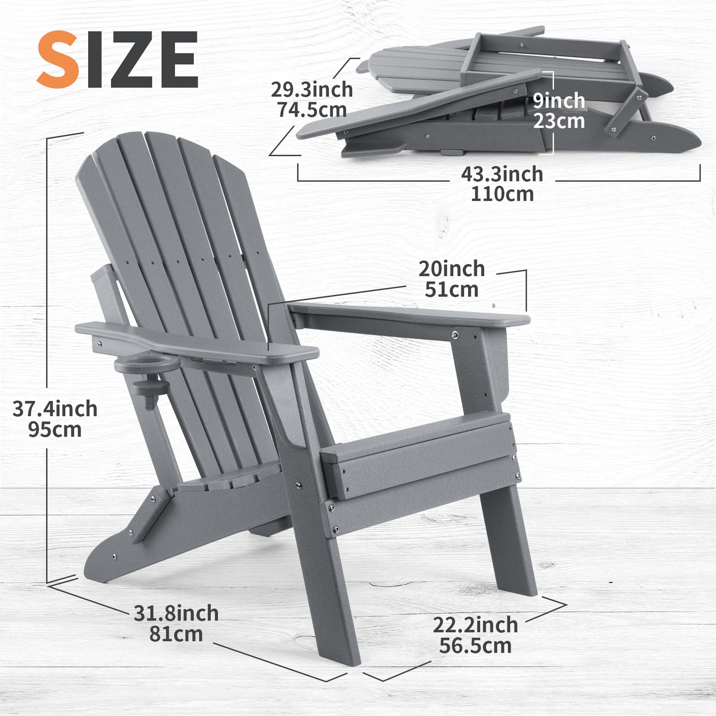 FUNBERRY Folding Adirondack Chair, Fire Pit Chairs Weather Resistant with Cup Holder, Grey