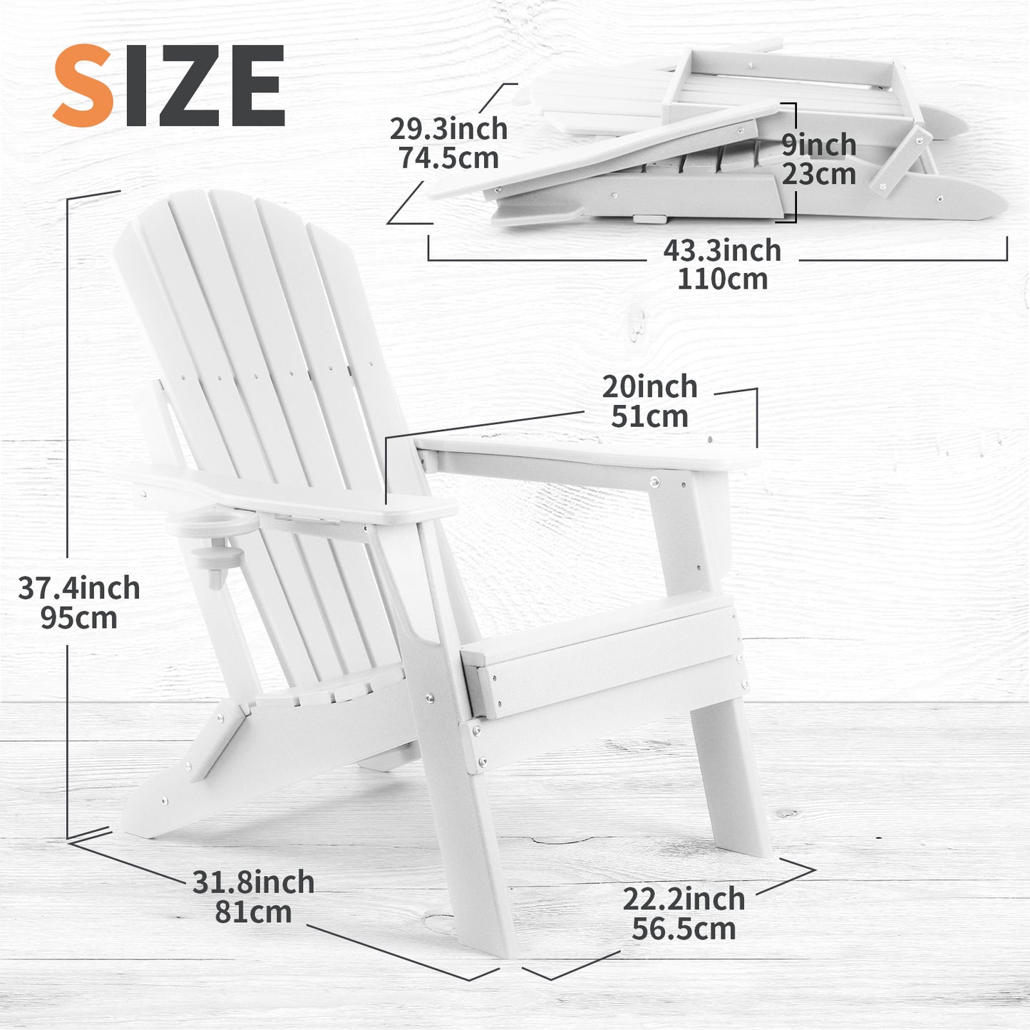 Folding Adirondack Chair, Fire Pit Chairs All Weather with Cup Holder, White