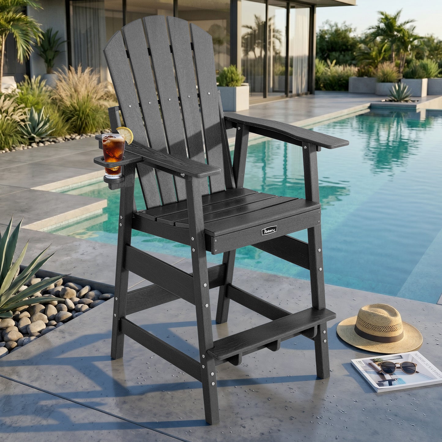 FUNBERRY Tall Adirondack Chair, HDPE All-Weather High Top Balcony Chair with Cupholder