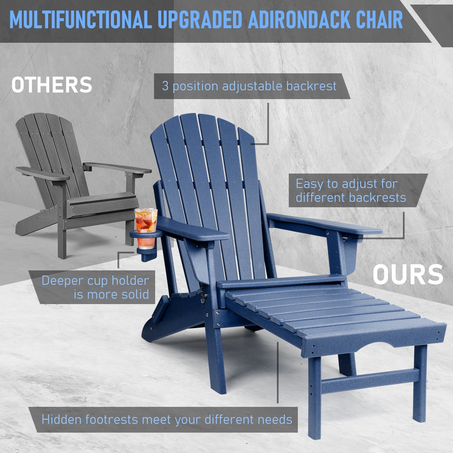Adjustable Folding Adirondack Chairs Set of 4 with Ottoman, All Weather Fire Pit Chairs