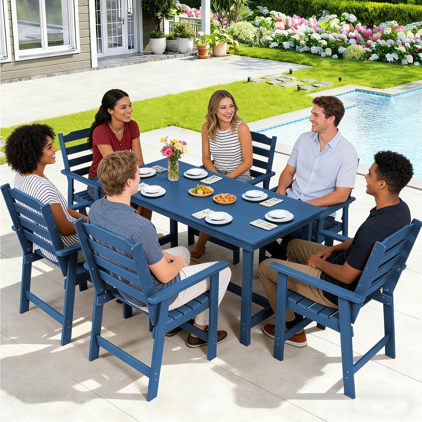 Outdoor Dining Set, HDPE 7 Piece Dining Table Set with Chairs