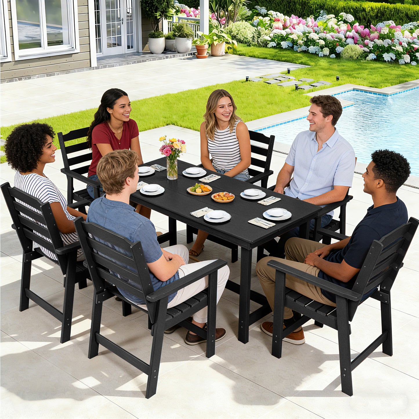 Outdoor Dining Set, HDPE 7 Piece Dining Table Set with Chairs