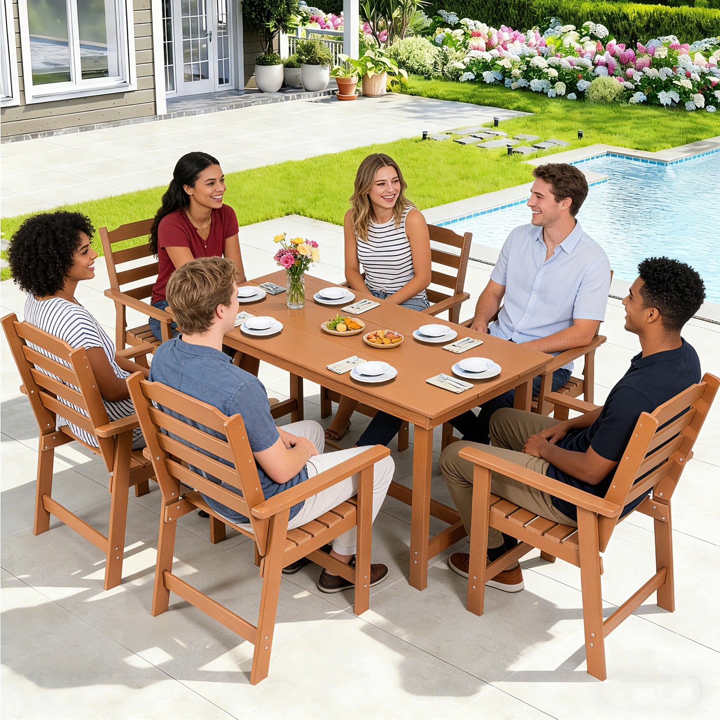 Outdoor Dining Set, HDPE 7 Piece Dining Table Set with Chairs