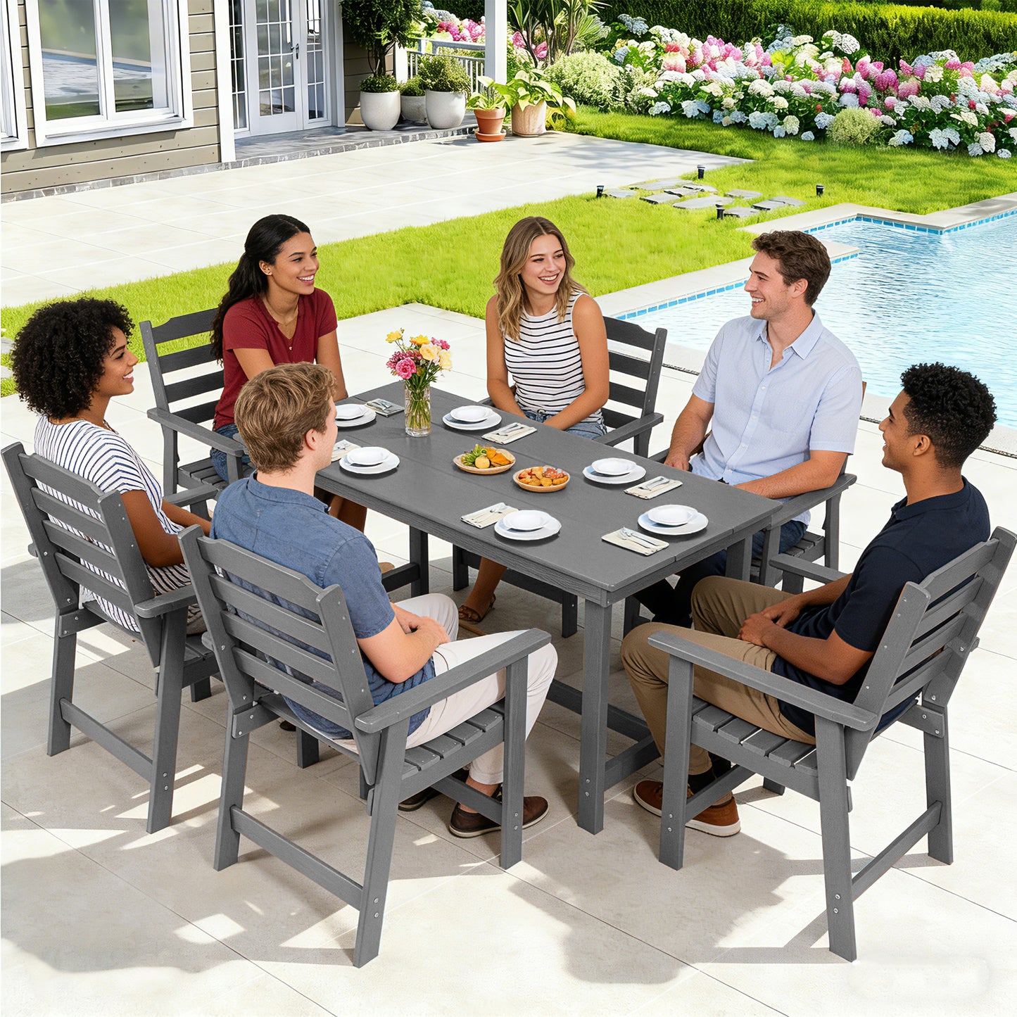 Outdoor Dining Set, HDPE 7 Piece Dining Table Set with Chairs