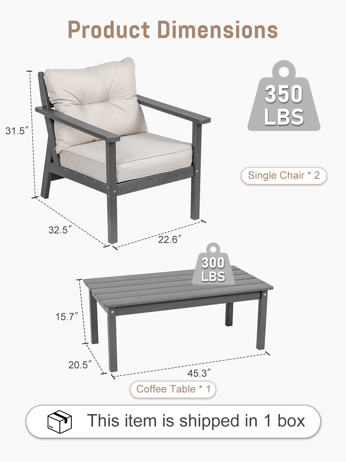 2 Seat HDPE Patio Conversation Set with Coffee Table, Outdoor Chairs Set