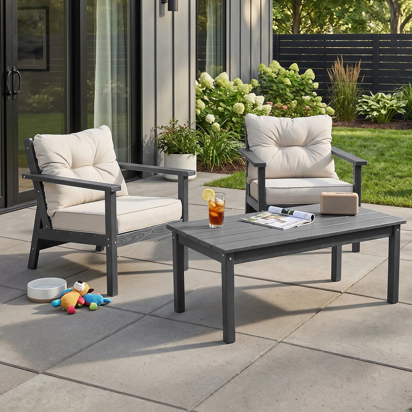 2 Seat HDPE Patio Conversation Set with Coffee Table, Outdoor Chairs Set