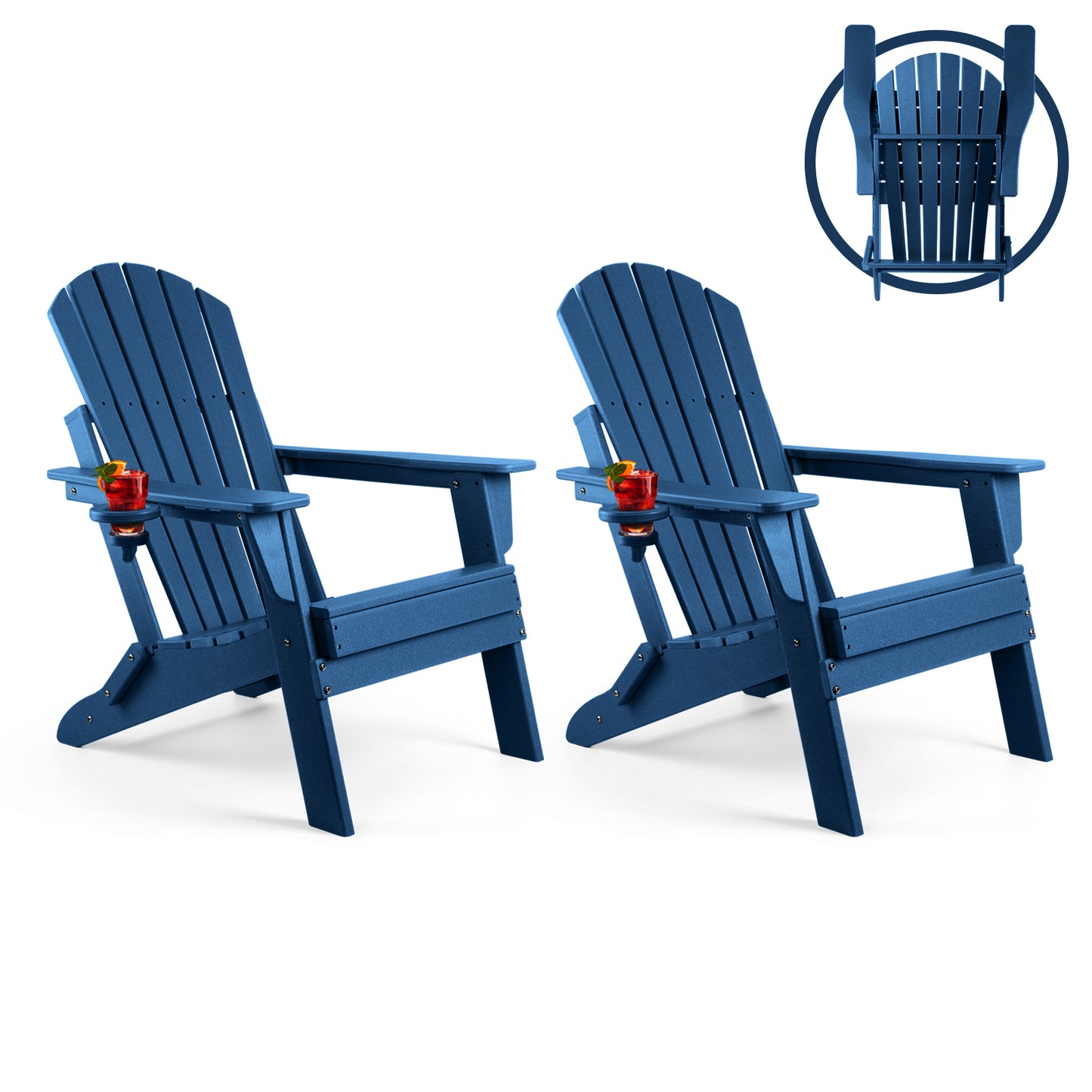 FUNBERRY Folding Adirondack Chair, Fire Pit Chairs Weather Resistant with Cup Holder, Navy Blue