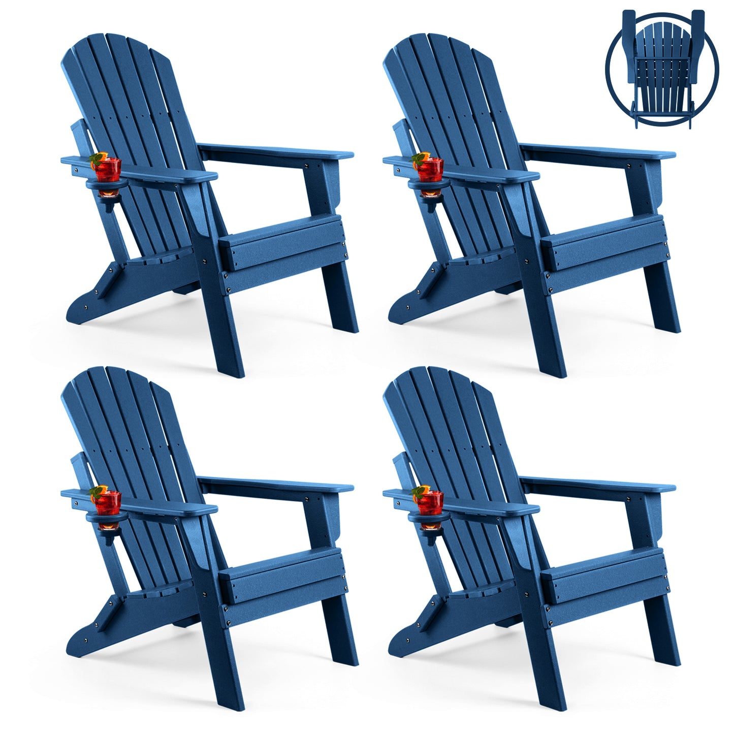 FUNBERRY Folding Adirondack Chair, Fire Pit Chairs Weather Resistant with Cup Holder, Navy Blue