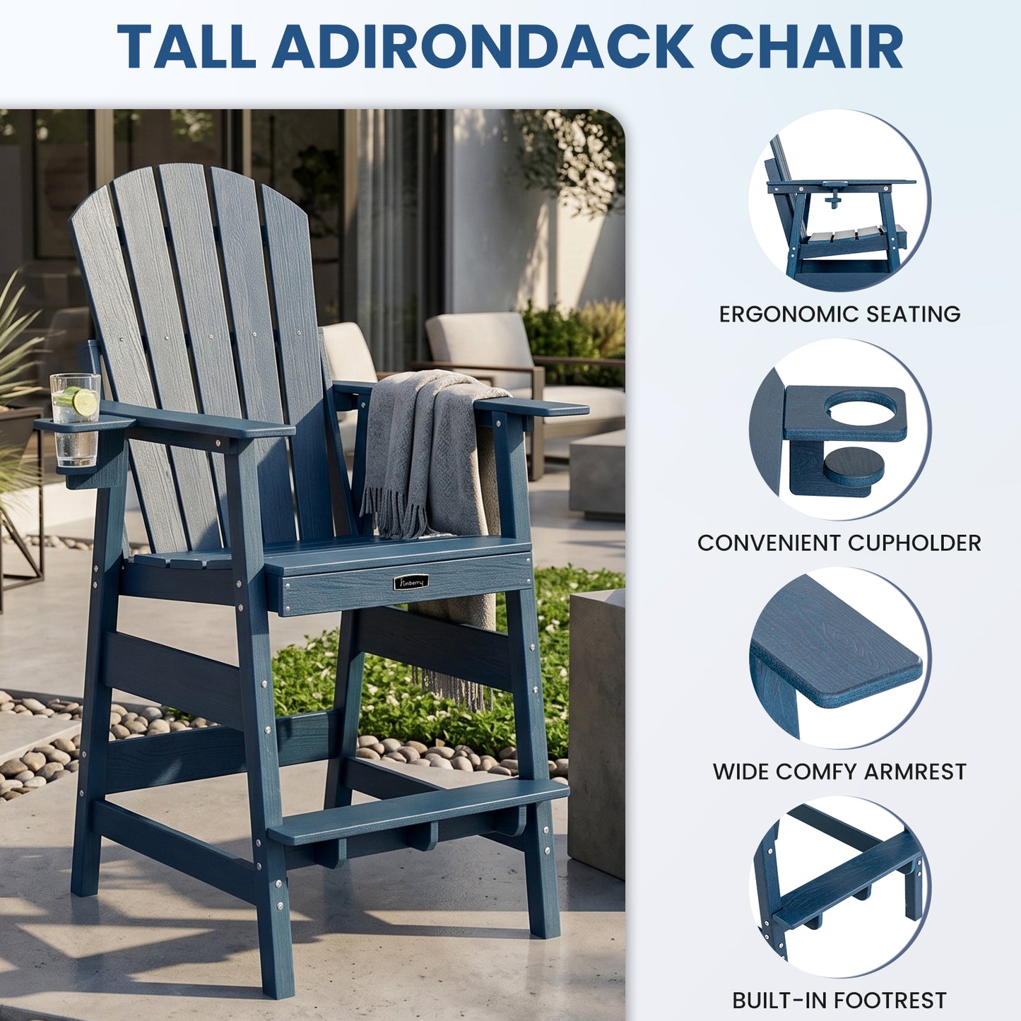 FUNBERRY Tall Adirondack Chair, HDPE All-Weather High Top Balcony Chair with Cupholder