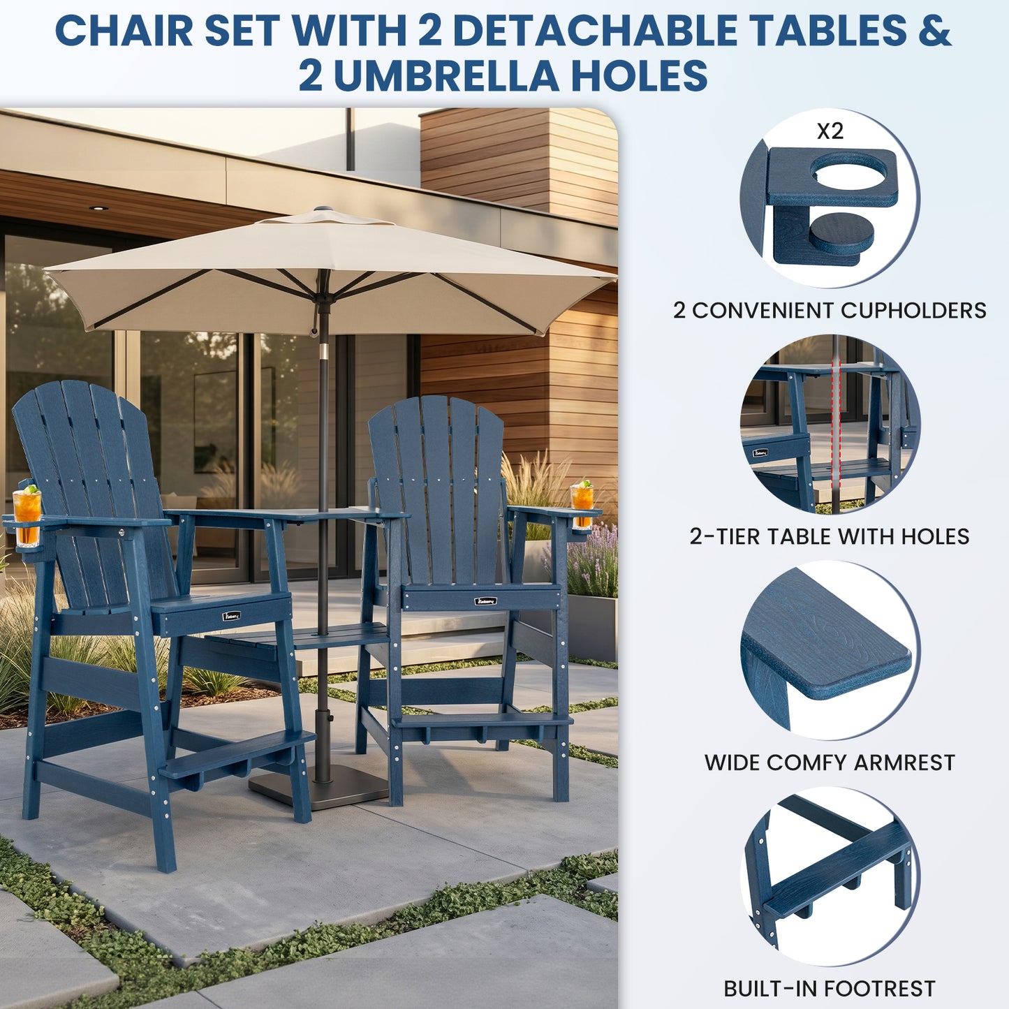 FUNBERRY Tall Adirondack Chairs Set of 2 with Table, HDPE All Weather High Top Balcony Chair