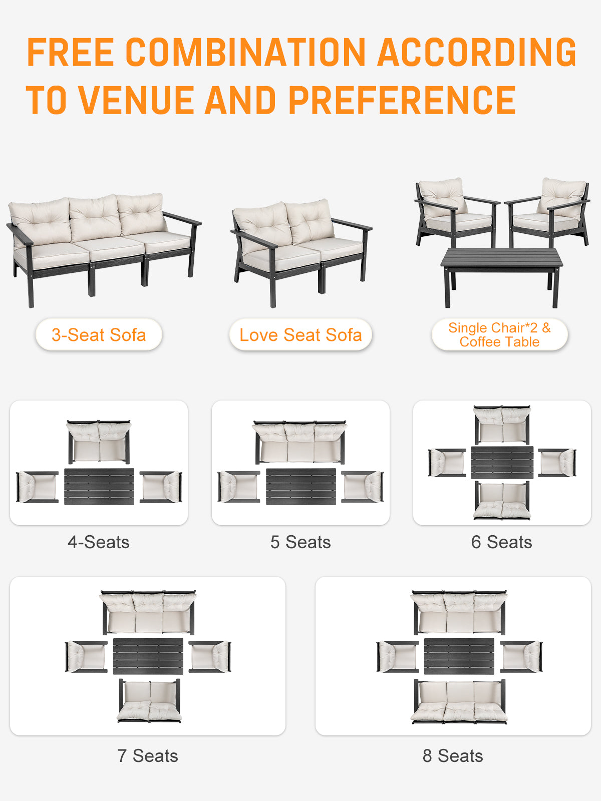 2 Seat HDPE Patio Conversation Set with Coffee Table, Outdoor Chairs Set