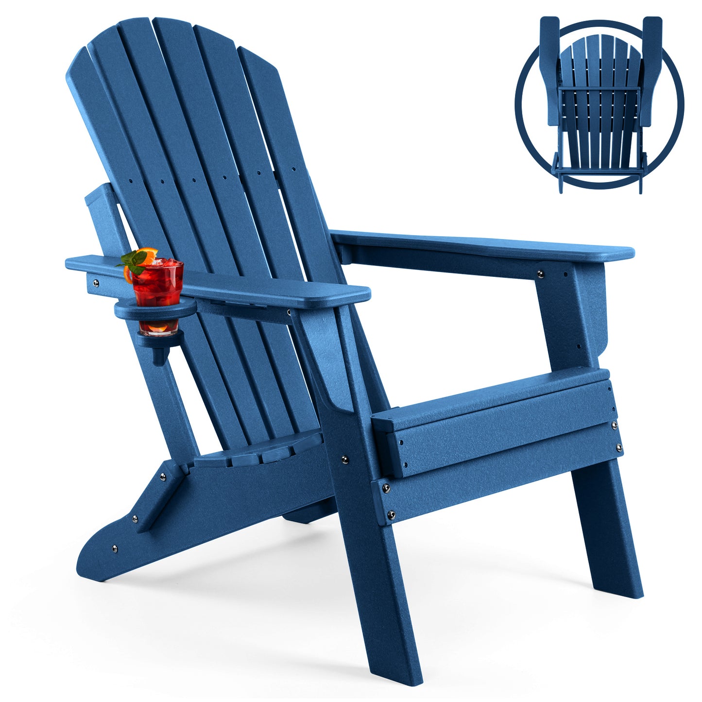 FUNBERRY Folding Adirondack Chair, Fire Pit Chairs Weather Resistant with Cup Holder, Navy Blue