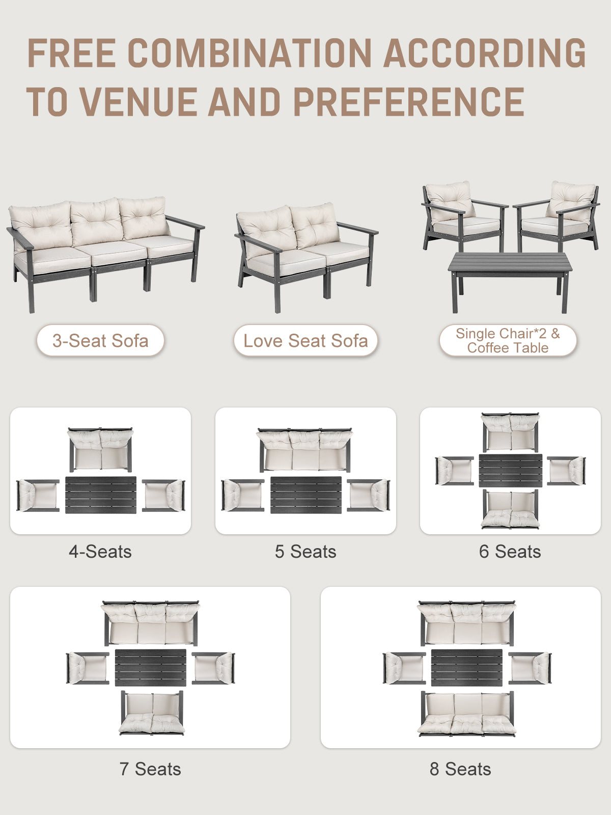 HDPE Patio Conversation Set 6 Seats, Outdoor Furniture Set, Patio Sofa Set