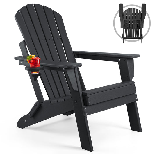 FUNBERRY Folding Adirondack Chair, Fire Pit Chairs Weather Resistant with Cup Holder, Black