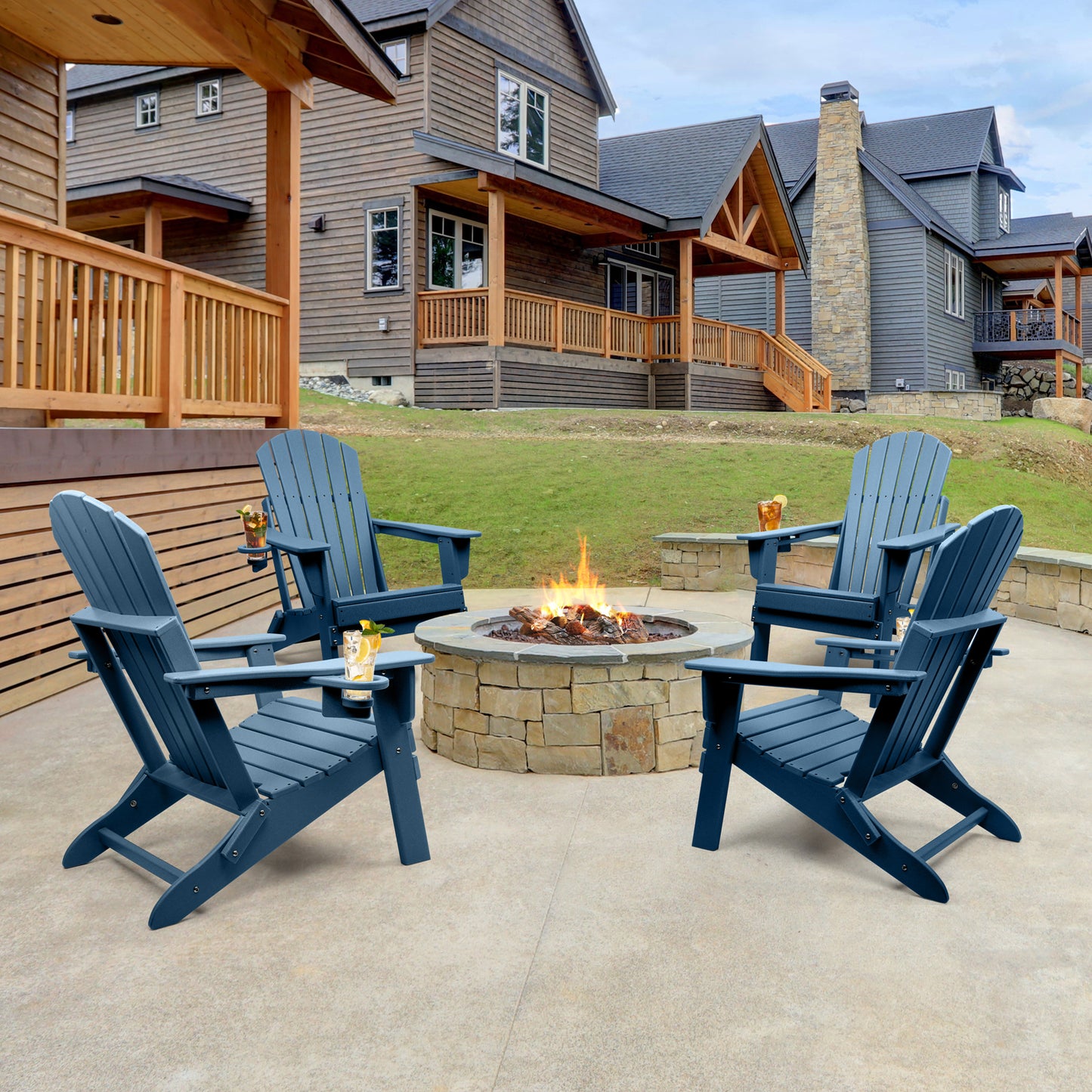 FUNBERRY Folding Adirondack Chair, Fire Pit Chairs Weather Resistant with Cup Holder, Navy Blue