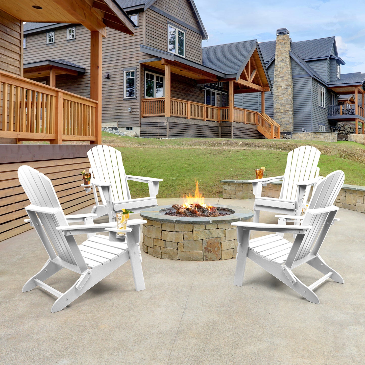 Folding Adirondack Chair, Fire Pit Chairs All Weather with Cup Holder, White