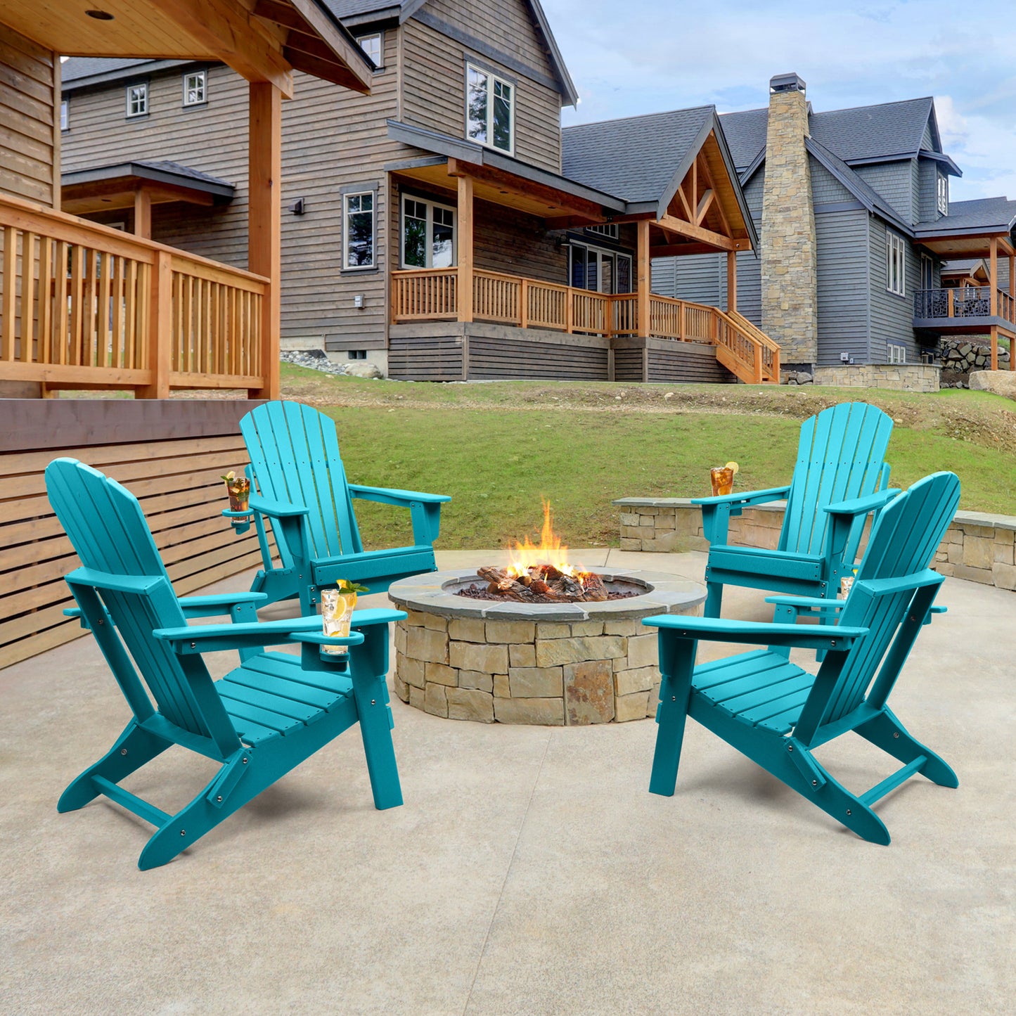 Folding Adirondack Chair, Fire Pit Chairs All Weather with Cup Holder, Aruba Blue