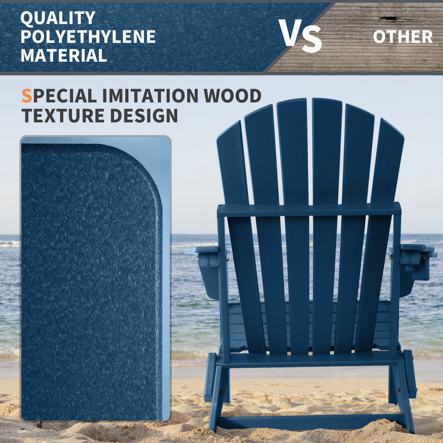 FUNBERRY Folding Adirondack Chair, Fire Pit Chairs Weather Resistant with Cup Holder, Navy Blue